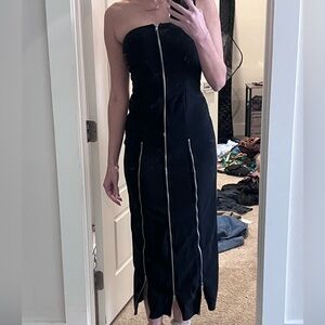 Black Strapless Zip-Detail Midi Dress